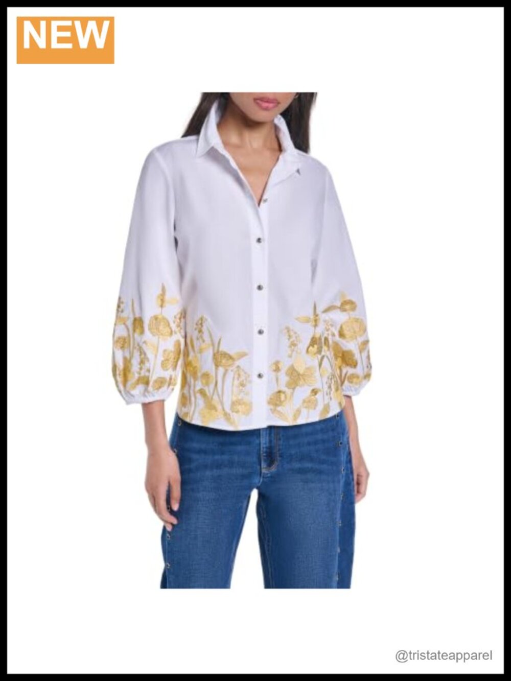Women's Cotton Long Puff Sleeve Floral Button-Down Shirt
